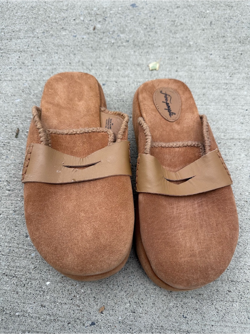 Free People Suede Slip-On Mules in Cognac Brown
